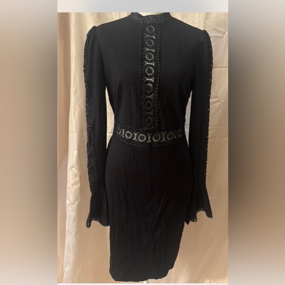 bebe Black Long Sleeve Dress with Lace Accents with slight spandex stretch